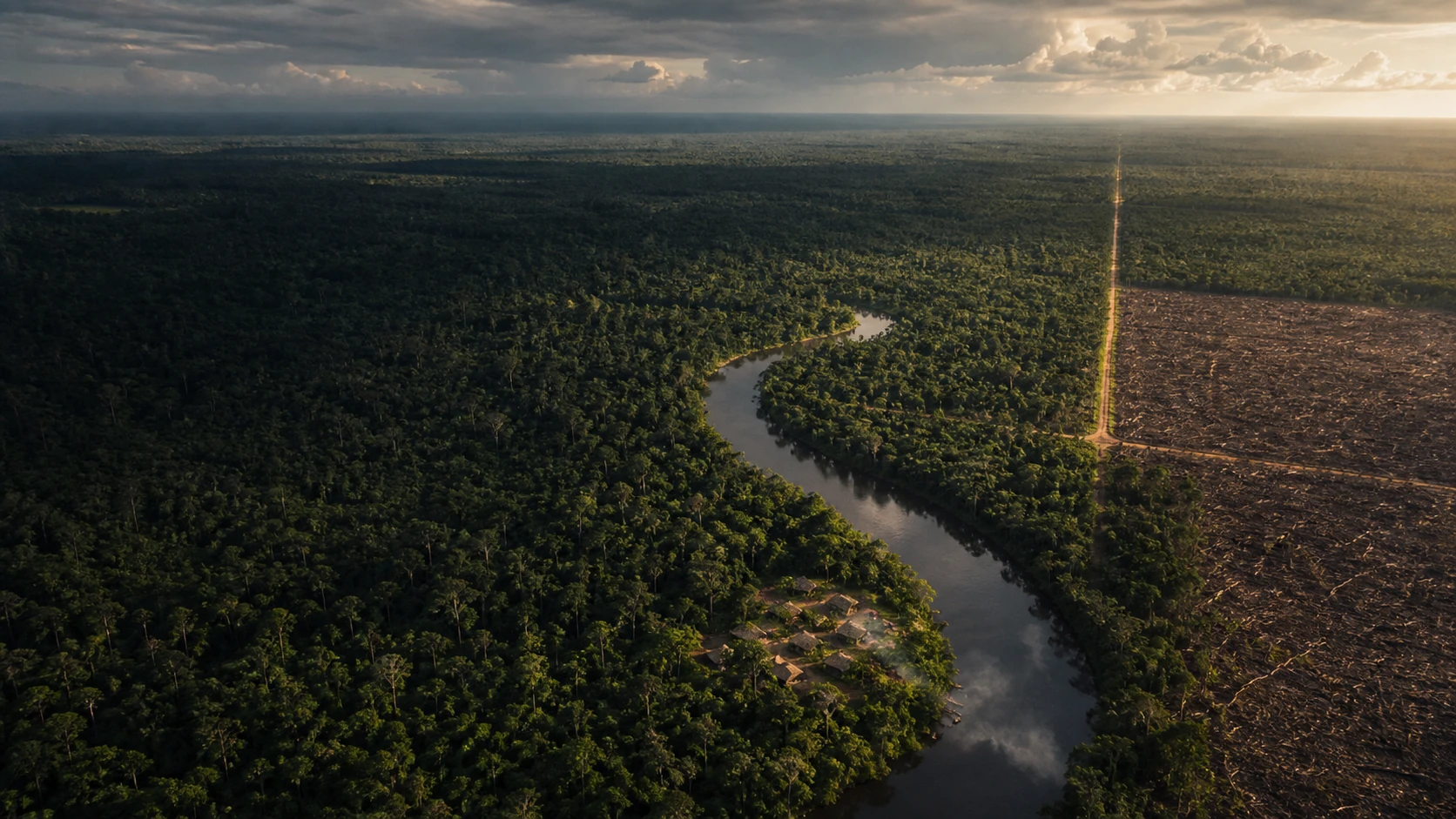 Rainforest and a river community beside a severe clear-cut boundary