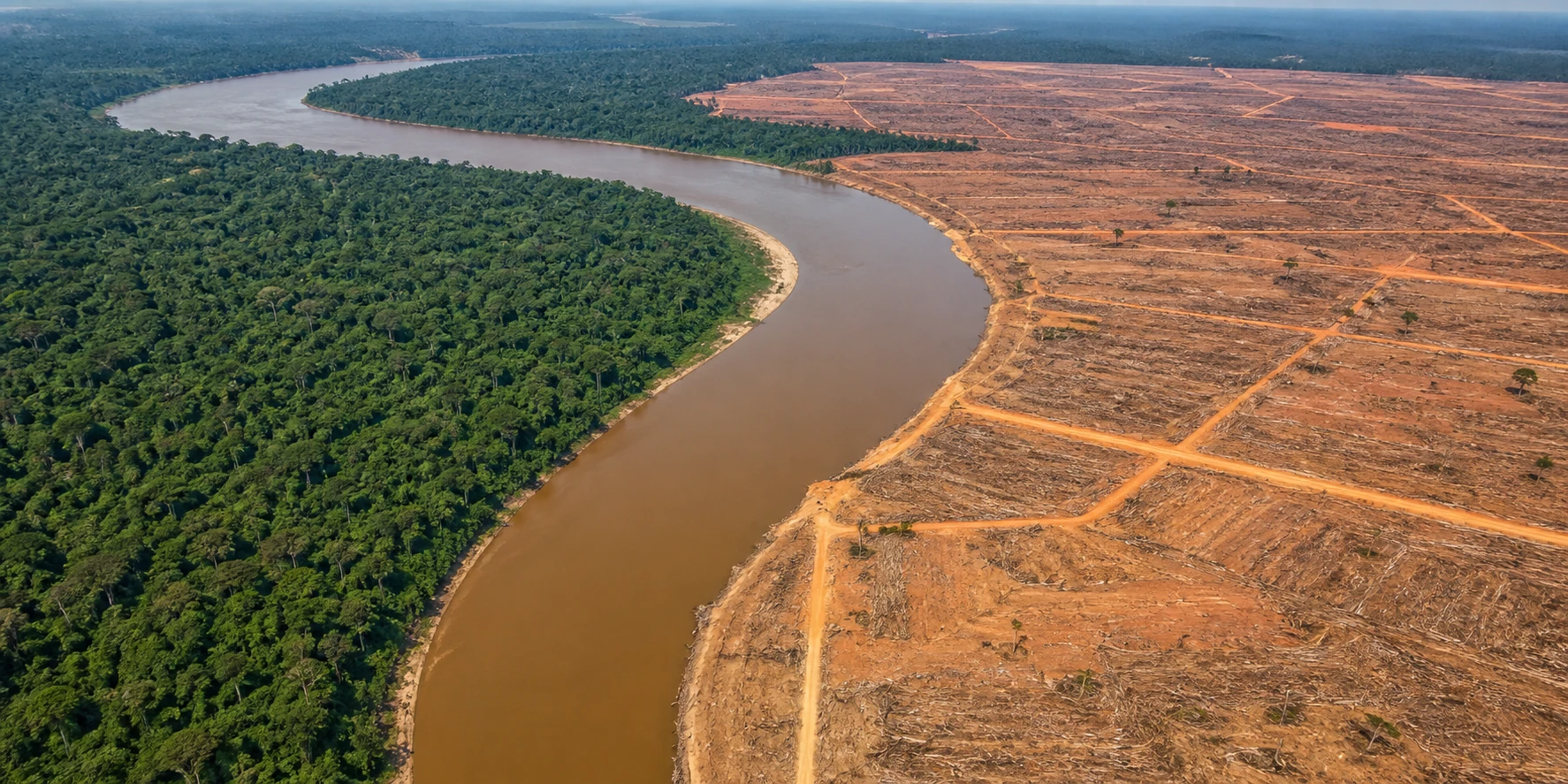 Before and after aerial view of Amazon rainforest beside a river and the same land after clear-cutting